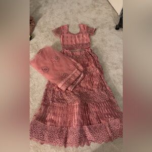 Embroidered Pink Desi Skirt, Top, and Scarf